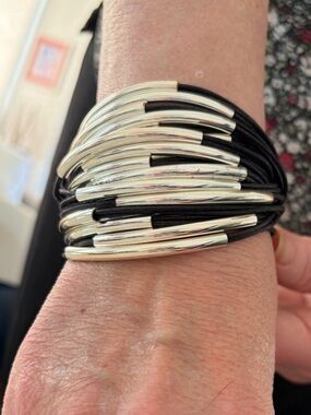 gj. Multi-Strand Silver Tube & Black Cord Bracelet